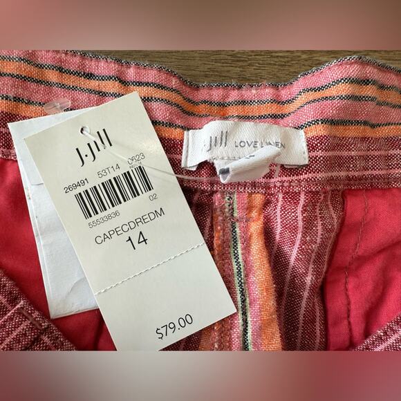 NWT J. Jill Love Linen Red Striped Pleated Shorts with Rope Belt 6” Size 14 - Picture 6 of 10